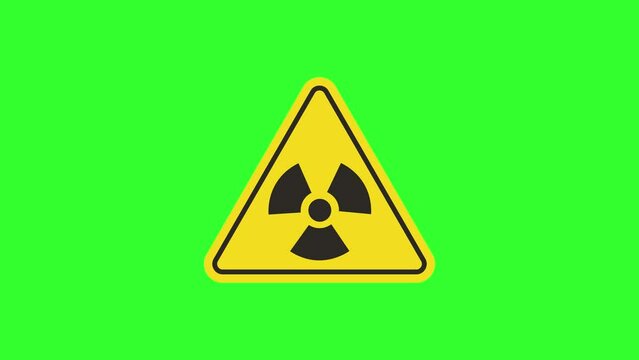 2D Animated radiation hazard warning black and yellow signs in triangle shape. A radiation hazard vector symbol isolated on green screen