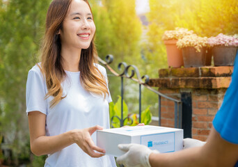 Asian woman sick she receive medication first aid pharmacy box hospital delivery service, Delivery...