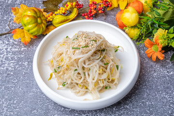 One of the side dishes of Korean food is bean sprouts