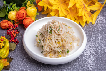 One of the side dishes of Korean food is bean sprouts