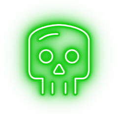 Neon green skull icon, illustration of glowing skull on transparent background
