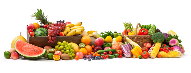 wide photo of different fresh fruits and vegetables isolated on white background.