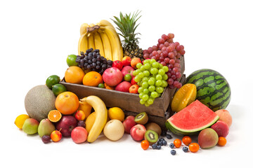 wooden crate fill up with different fresh fruits on white background.