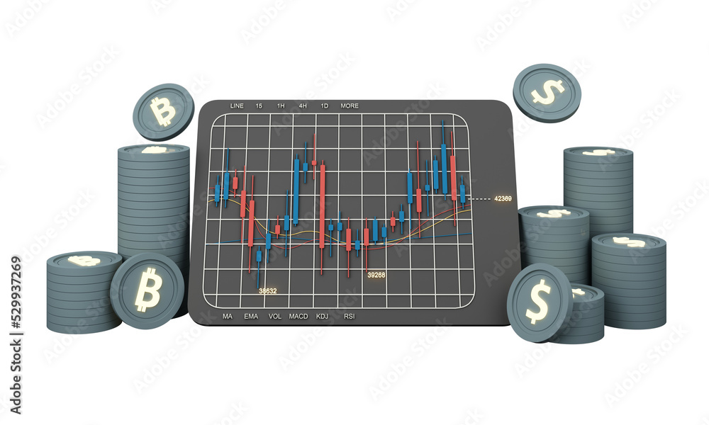 Poster digital currency gold coins it is enclosed around a digital currency chart with bars candlestick pat