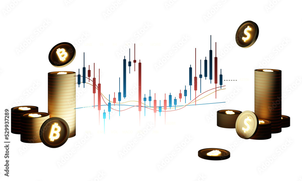 Poster digital currency gold coins it is enclosed around a digital currency chart with bars candlestick pat
