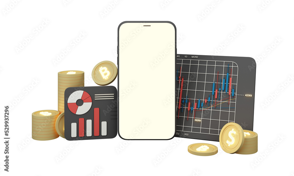 Poster digital currency gold coins it is enclosed around a digital currency chart with bars candlestick pat