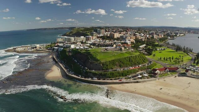 Aerial view flying towards Fort Scratchley near Nobby's Beach. 