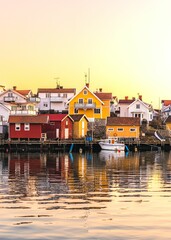 Vertical shot of a small houses of Lysekil on the lakeside and a boat in water at sunset in Sweden