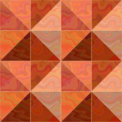 Abstract geometric seamless pattern. Parquet of brown, beige, orange, red triangles and squares, with liquid fluid texture