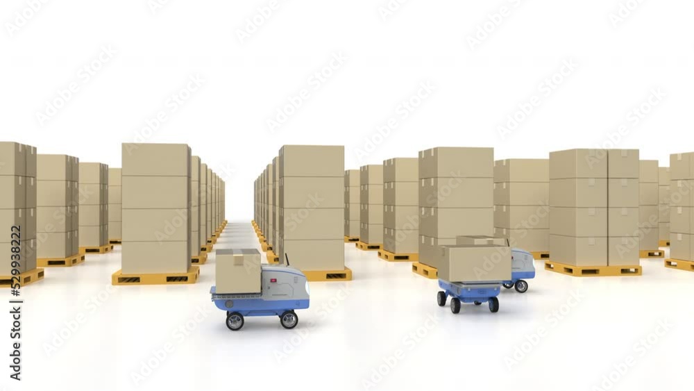 Poster automation warehouse concept with 3d rendering delivery robots carry boxes 4k footage