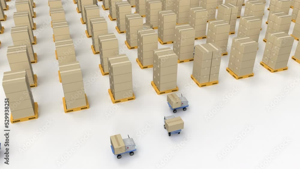 Poster automation warehouse concept with 3d rendering delivery robots carry boxes 4k footage