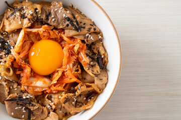 pork bulgogi rice bowl with kimchi and Korean pickled egg