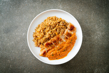 grilled chicken steak with red curry sauce and rice