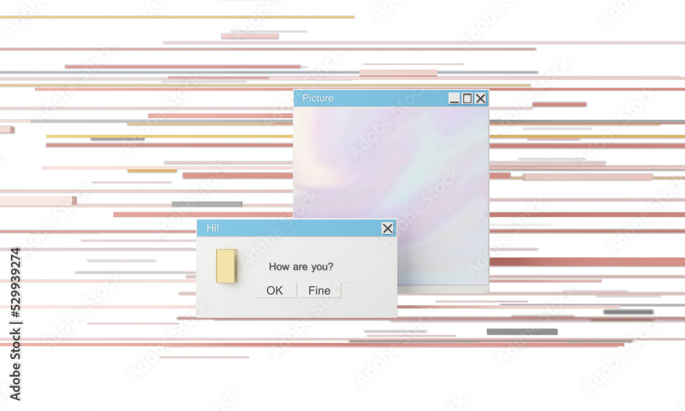 Poster abstract aesthetic background with 90s style system message windows, old vintage computer, mouse, ke