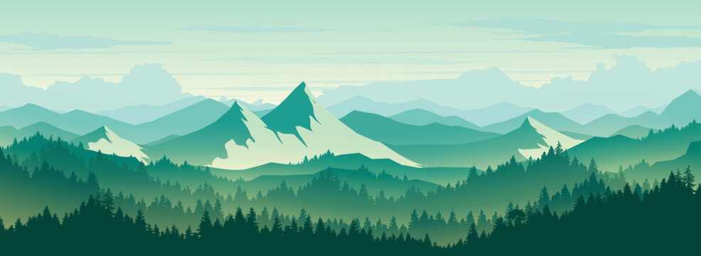 Vector background of mountains and forests. Nature background landscape.