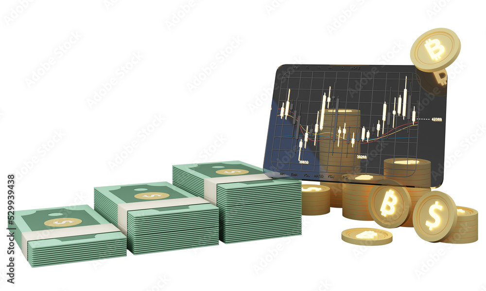 Poster digital currency gold coins it is enclosed around a digital currency chart with bars candlestick pat