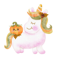 Happy Fall unicorn pumpkin  watercolor illustration 