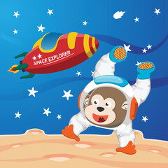 Naklejka premium Cute cosmonaut monkey in a spacesuit flies in outer space. Vector illustration on the space theme in cartoon style.