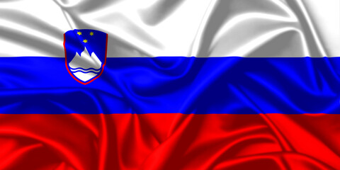 Slovenia waving national flag close up silk texture satin illustration background.