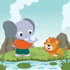 cute little elephant and little lion play around swamp. Funny Kid Graphic Illustration. T-Shirt Design for children. Creative vector childish background for wallpaper, poster and other decoration.