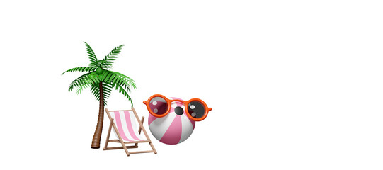 3d beach chair for summer sea with palm tree, ball, sunglasses, copy space isolated. summer travel concept, 3d render illustration