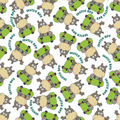 Seamless pattern with hippo on skate board, For fabric textile, nursery, baby clothes, background, textile, wrapping paper and other decoration.