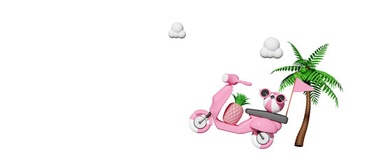 3d summer travel scooter with pink inflatable ball beach, coconut palm tree, sunglasses, cloud, pineapple, copy space isolated. trip concept, 3d render illustration
