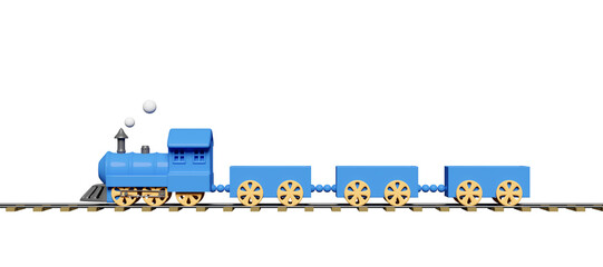 3d blue locomotive steam cartoon with railroad tracks, wagons empty isolated. train transport toy, summer travel service, planning traveler, 3d render illustration © sirawut