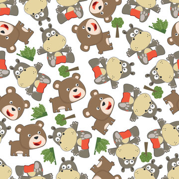 cute little hippo and bear play around swamp. Design concept for kids textile print, nursery wallpaper, wrapping paper. Cute funny background.