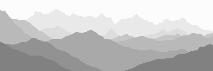Mountain ranges in the morning haze, black and white landscape, banner