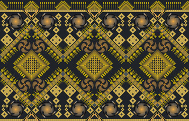 Asian Chinese style tribal fabric textile geometric pattern golden color concept. Design for carpet, curtain, embroidery, clothing, wrapping, batik, wallpaper, background seamless vector illustration