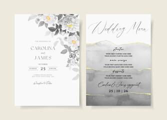 Wedding invitation and menu template set with floral and leaves decoration