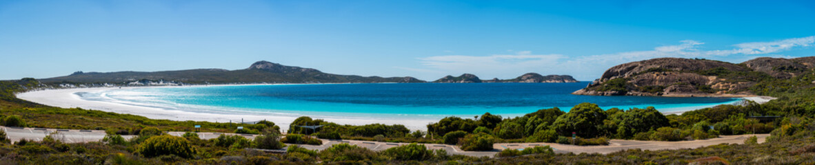 Fototapeta na wymiar Aerial view of the white beach and crystal clear turquoise waters of Lucky Bay