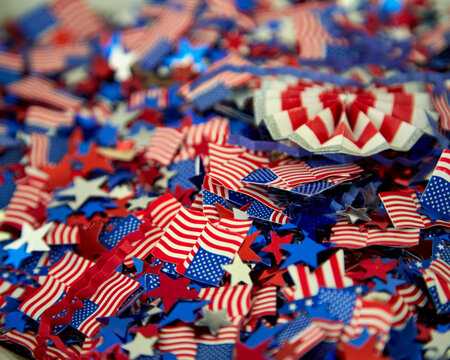 Red white and blue flags, stars and confetti ready to celebrate independence day