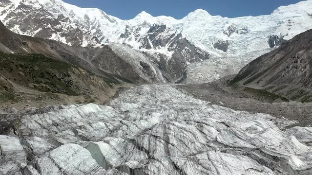Drone shot of Nanga Parbat with glacier, Fairy Meadows Pakistan, cinematic tracking aerial shot