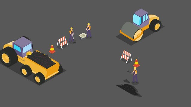 Group of road construction workers asphalting a road