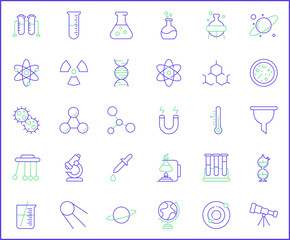 Simple Set of science Related Vector Line Icons. 
Contains such Icons as atom, molecule, laboratory, planet, physics, experiment, microscope, chemical and more.