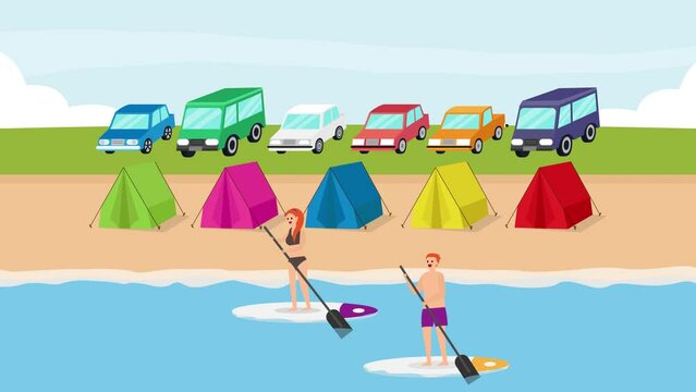 Young couple riding paddle board near campsite