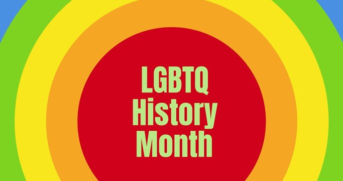 Vector image of lgbtq history month text on circular rainbow flag pattern