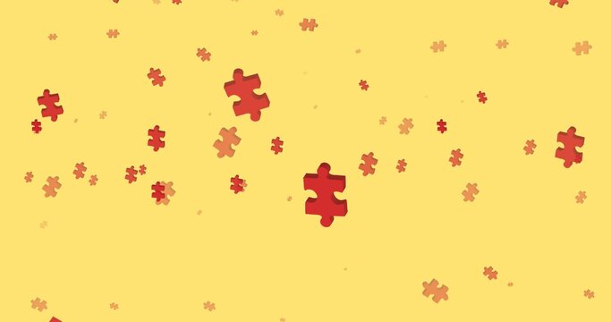 Illustration of red jigsaw pieces in mid-air over yellow background