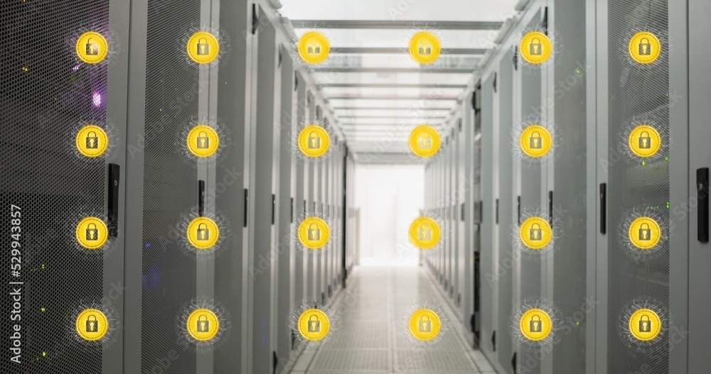 Aufkleber digital composite image of padlocks against server room with copy space