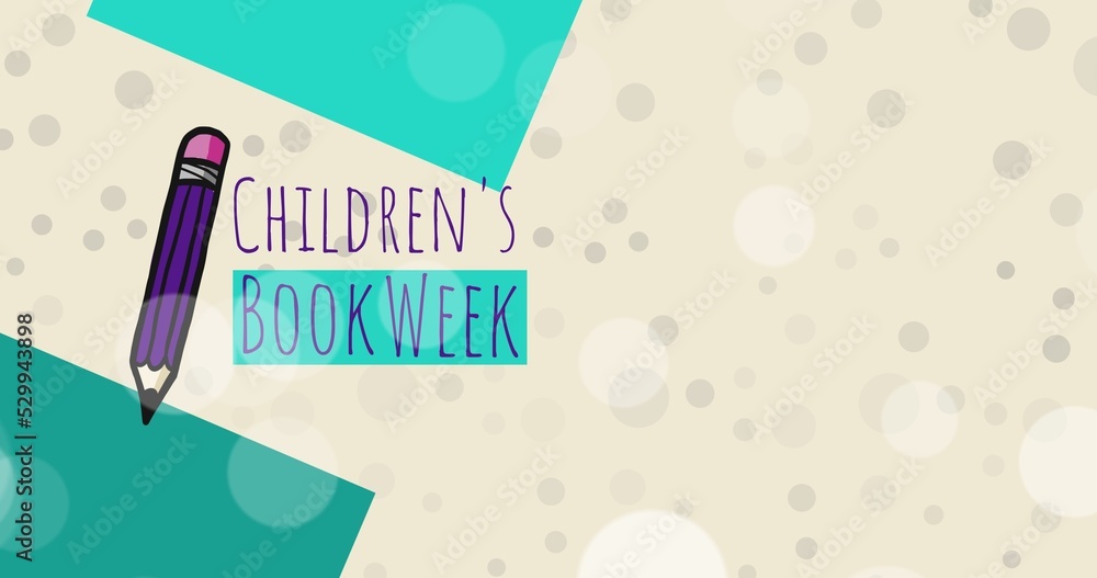 Poster vector image of pencil and children's book week text on patterned beige background with copy space