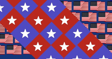 Fototapeta premium Digitally generated full frame image of stars on checked pattern over american flags