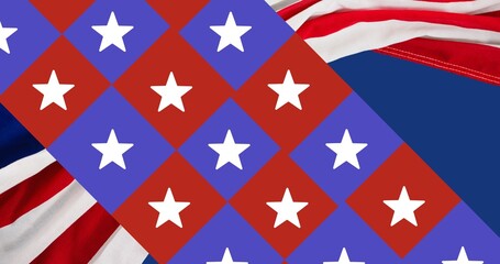 Vector image of stars on checked pattern over fabric american flag on blue background