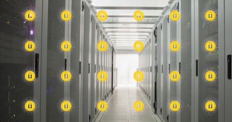 Digital composite image of padlocks against server room with copy space