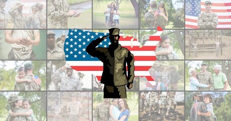 Digital image of soldier icon and us map with american flag on collage of multiracial soldier family