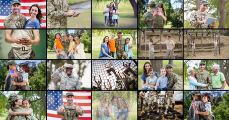 Digital composite collage of multiracial soldiers with multiracial family