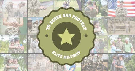 Digital composite image of text on emblem over collage of multiracial soldier family