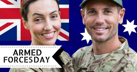 Text over caucasian mid adult male soldier with caucasian wife against british flag - Powered by Adobe