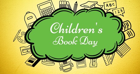 Vector image of children's book day text on green cloud with various icons over yellow background